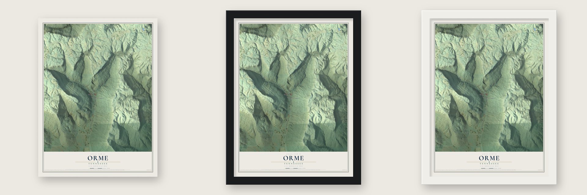Orme, Tennessee map unframed, in a black wood frame and in a white wood frame