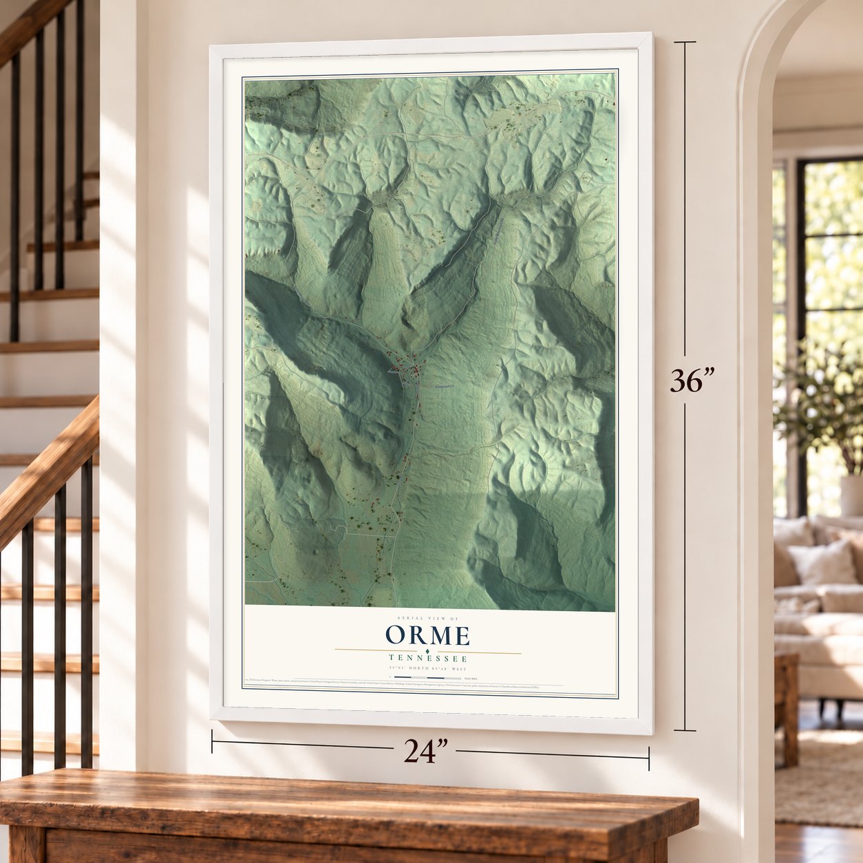 Orme, Tennessee map, 24 x 36 inch print in a white frame by a staircase