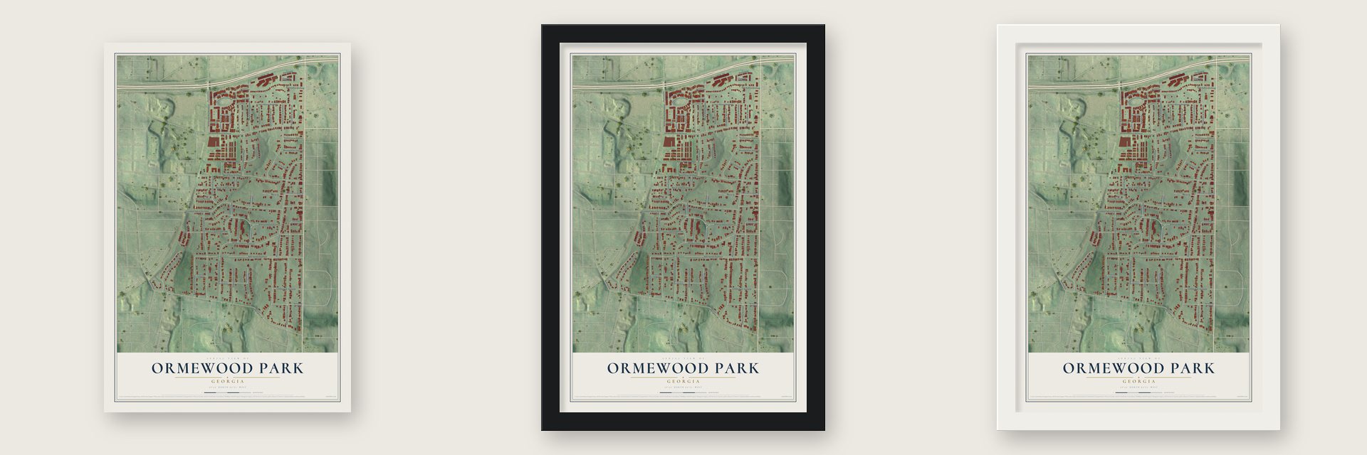 Ormewood Park, Georgia map unframed, in a black wood frame and in a white wood frame