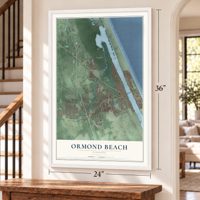 Ormond Beach, Florida map, 24 x 36 inch print in a white frame by a staircase