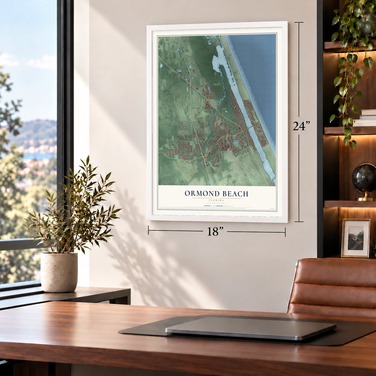Ormond Beach, Florida map, 18 x 24 inch print in a white frame in a home office