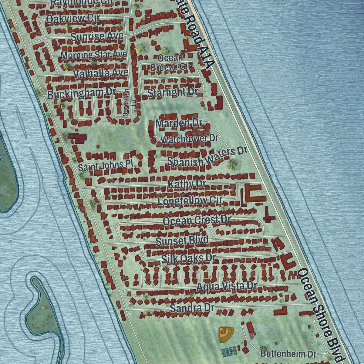 Second close-up of the map of Ormond-by-the-Sea, Florida print showing more streets and buildings