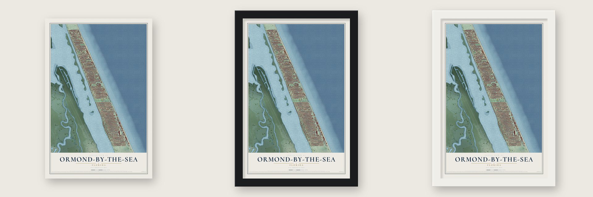Ormond-by-the-Sea, Florida map unframed, in a black wood frame and in a white wood frame