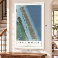 Ormond-by-the-Sea, Florida map, 24 x 36 inch print in a white frame by a staircase