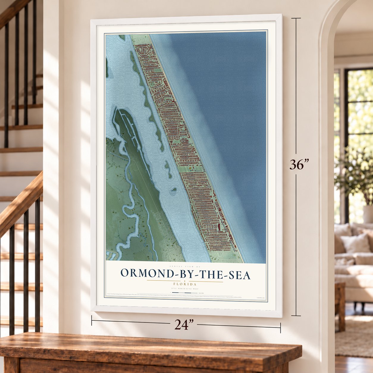 Ormond-by-the-Sea, Florida map, 24 x 36 inch print in a white frame by a staircase