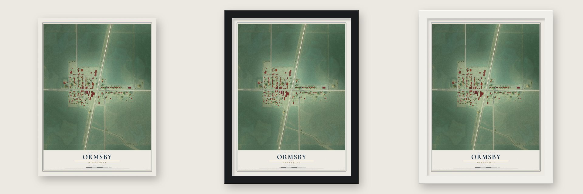Ormsby, Minnesota map unframed, in a black wood frame and in a white wood frame