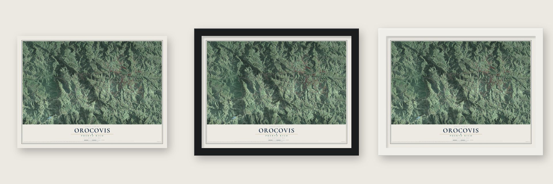 Orocovis, Puerto Rico map unframed, in a black wood frame and in a white wood frame