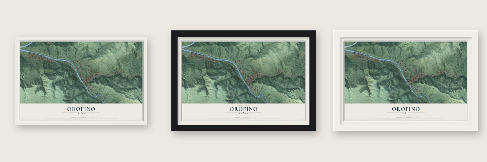 Orofino, Idaho map unframed, in a black wood frame and in a white wood frame