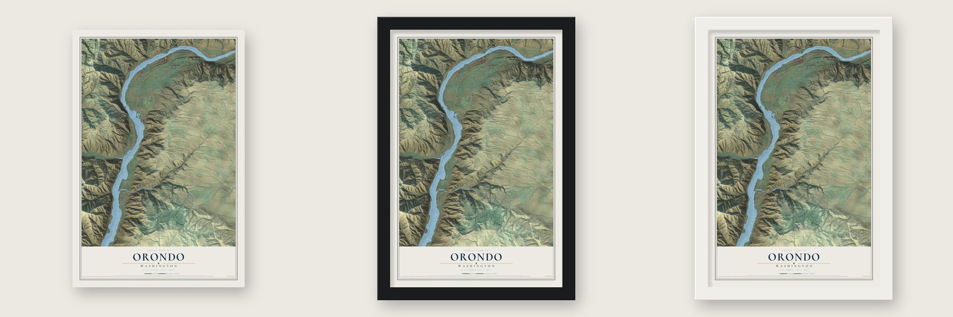 Orondo, Washington map unframed, in a black wood frame and in a white wood frame