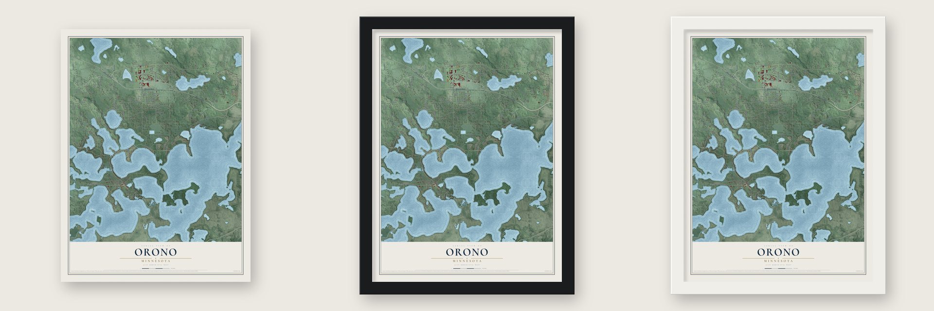 Orono, Minnesota map unframed, in a black wood frame and in a white wood frame