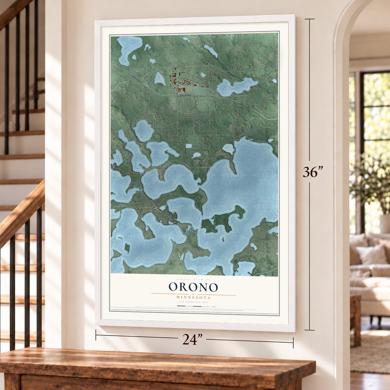 Orono, Minnesota map, 24 x 36 inch print in a white frame by a staircase