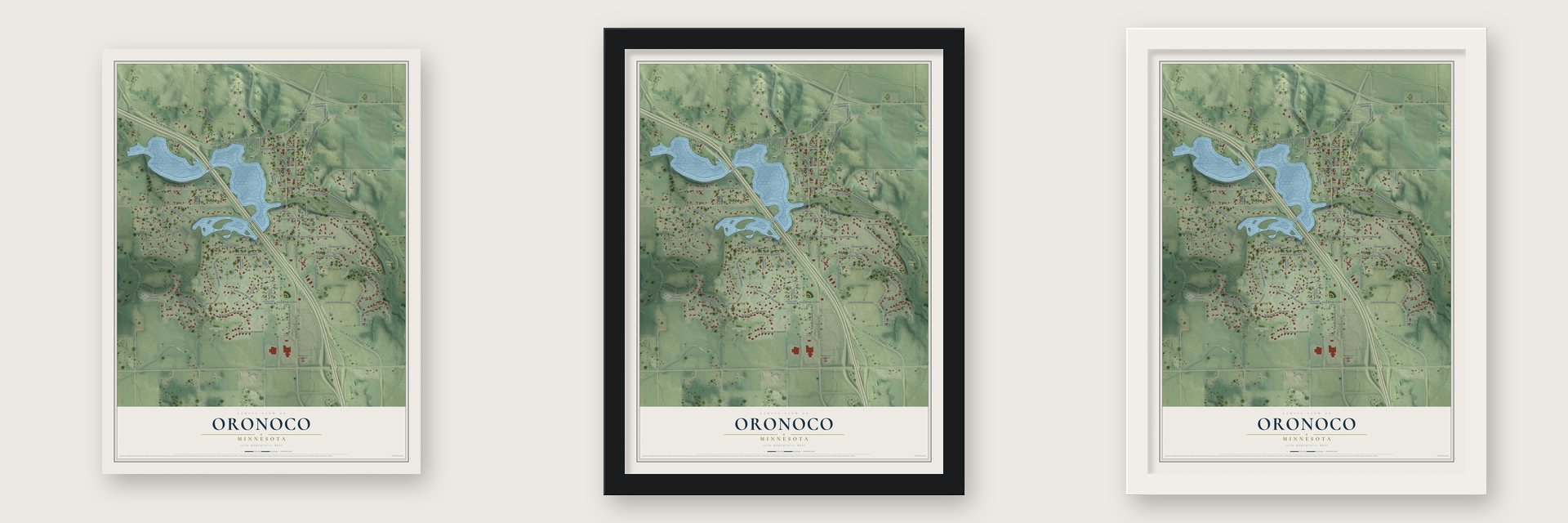 Oronoco, Minnesota map unframed, in a black wood frame and in a white wood frame