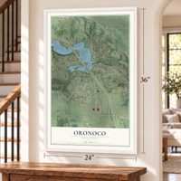 Oronoco, Minnesota map, 24 x 36 inch print in a white frame by a staircase