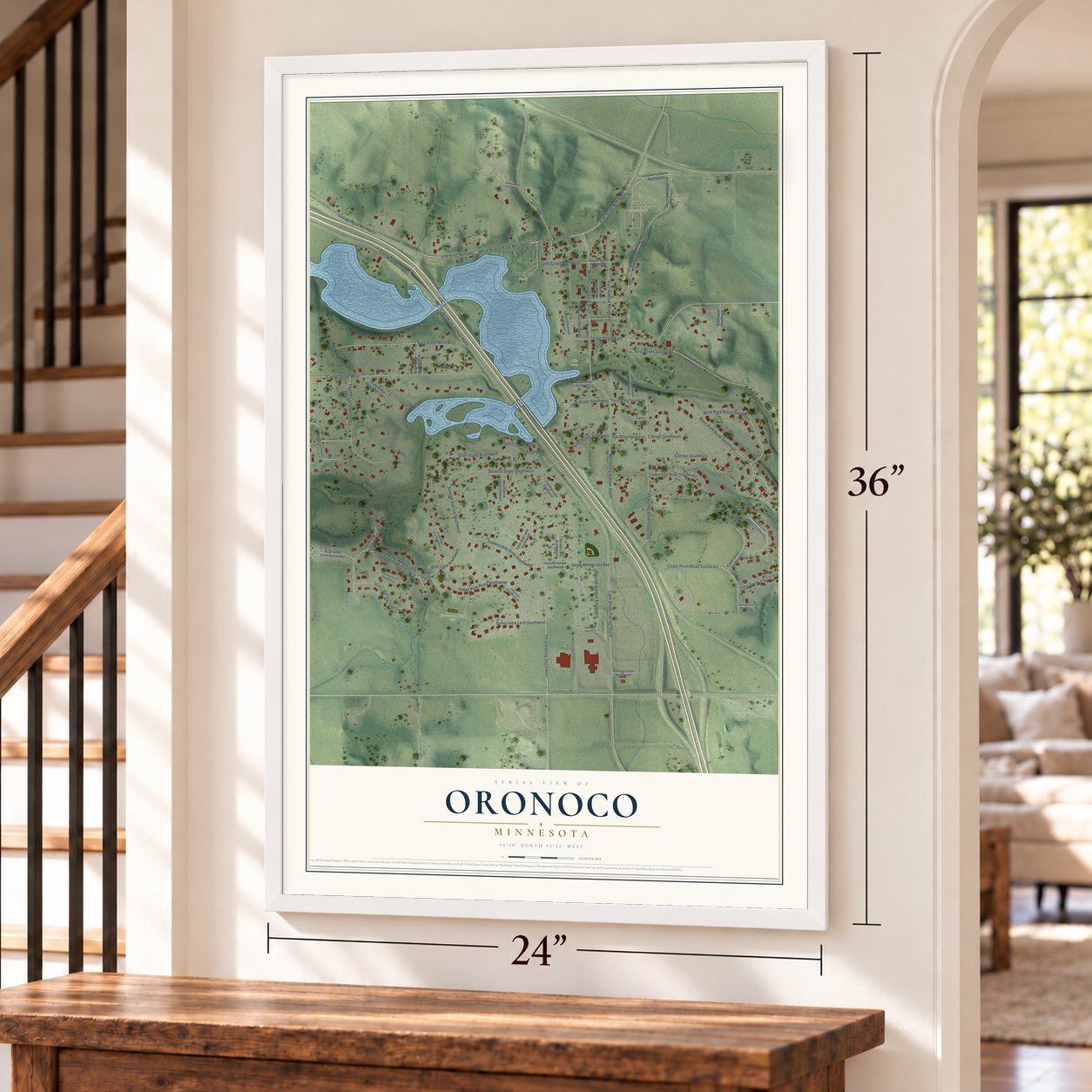 Oronoco, Minnesota map, 24 x 36 inch print in a white frame by a staircase