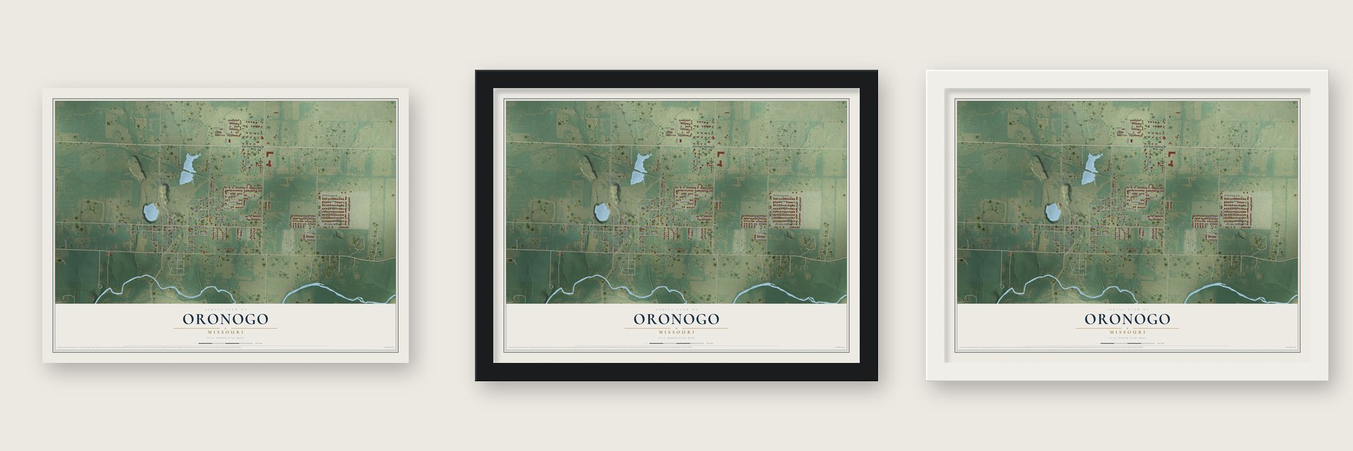 Oronogo, Missouri map unframed, in a black wood frame and in a white wood frame