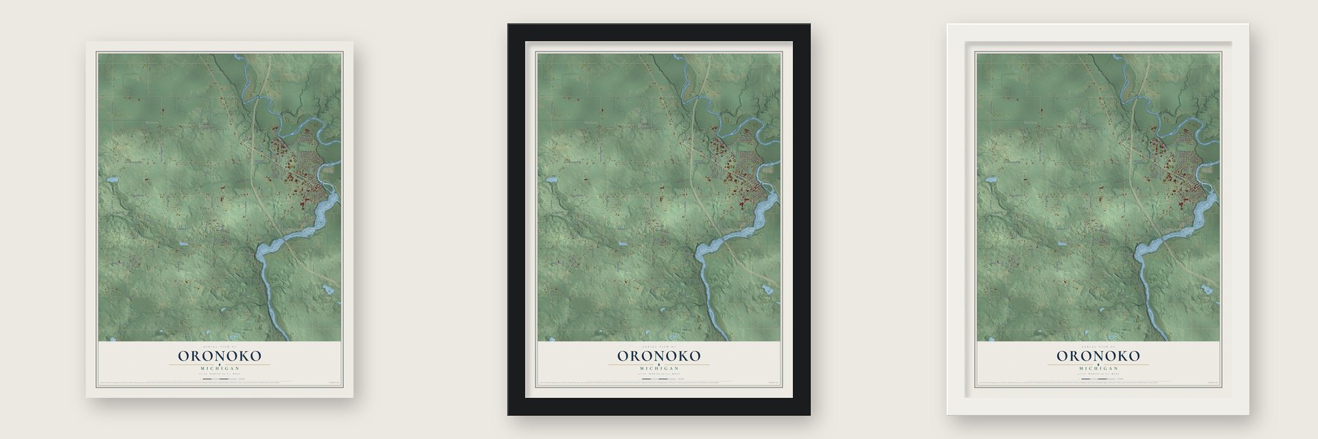 Oronoko, Michigan map unframed, in a black wood frame and in a white wood frame