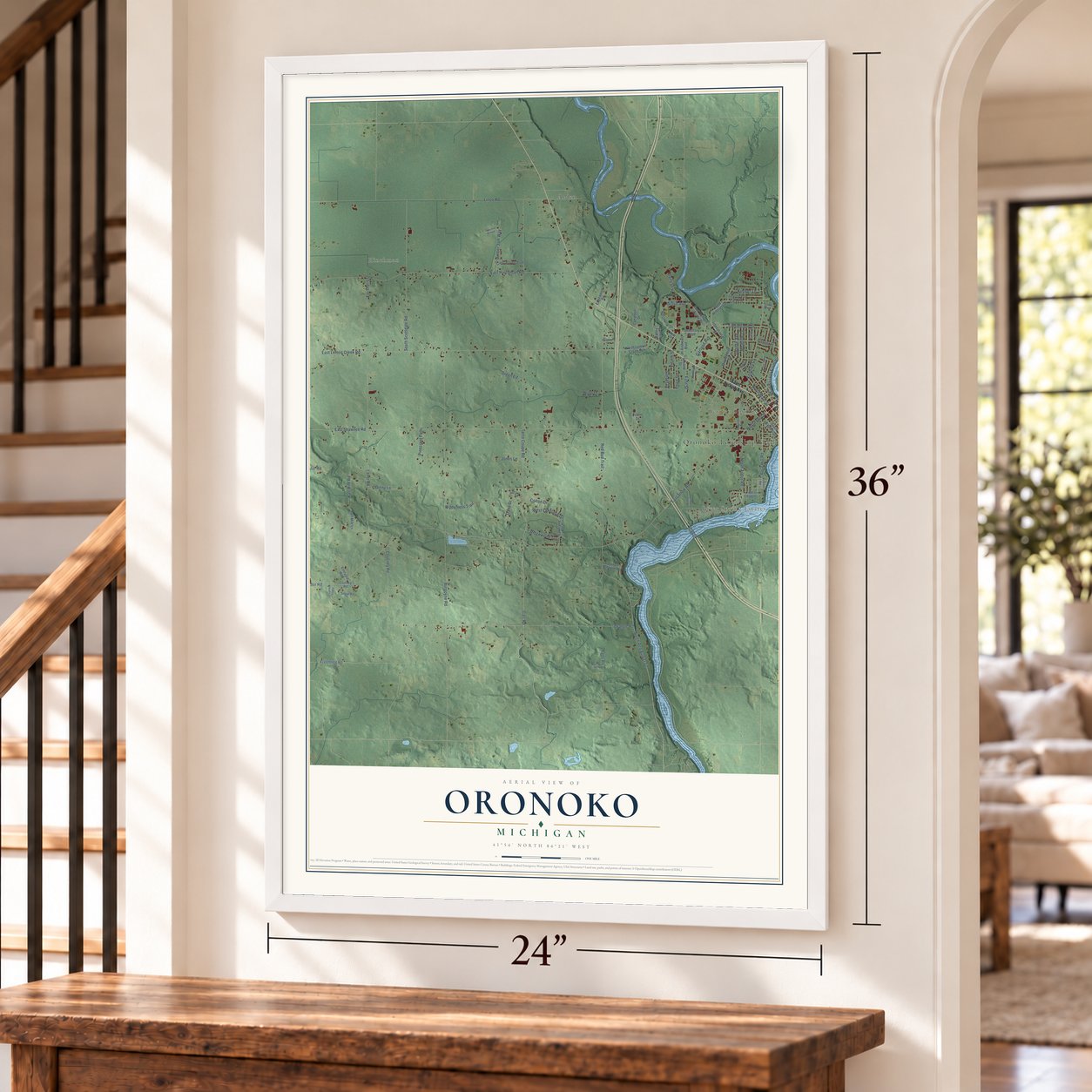 Oronoko, Michigan map, 24 x 36 inch print in a white frame by a staircase