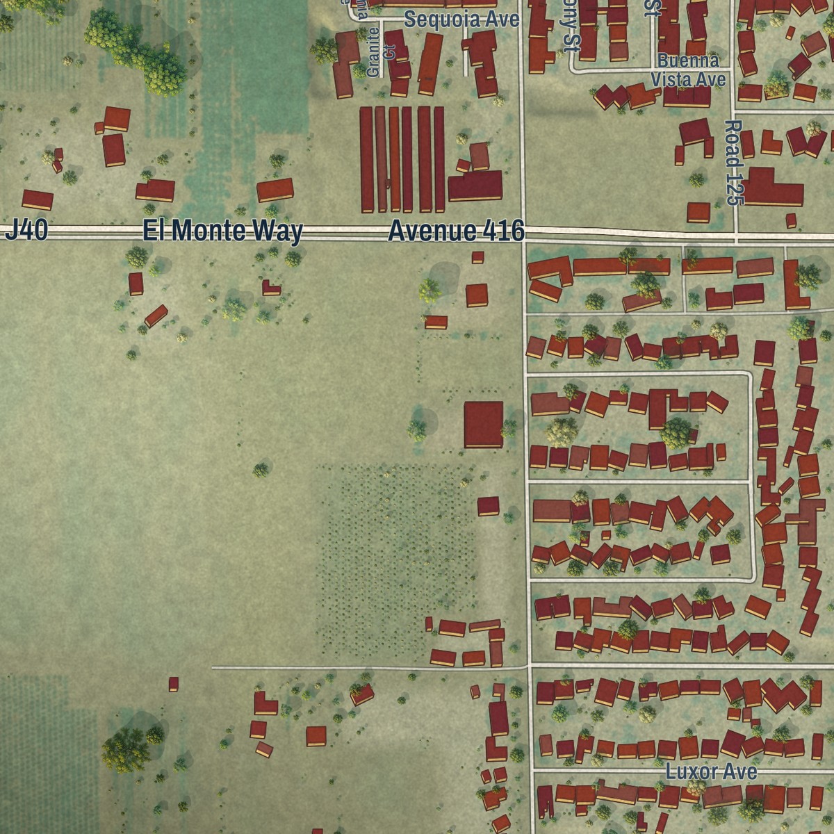 Second close-up of the map of Orosi, California print showing more streets and buildings