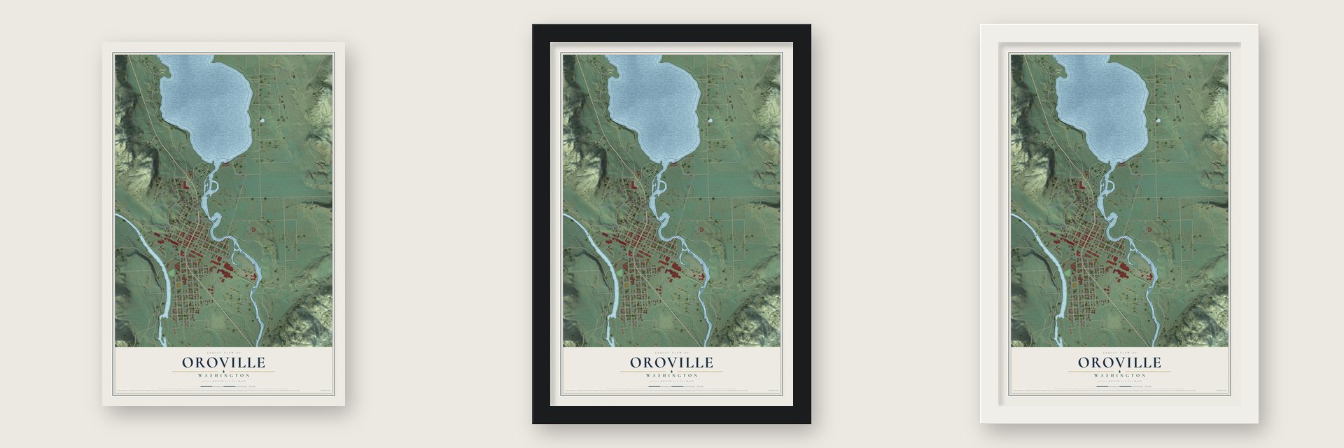 Oroville, Washington map unframed, in a black wood frame and in a white wood frame