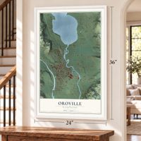 Oroville, Washington map, 24 x 36 inch print in a white frame by a staircase