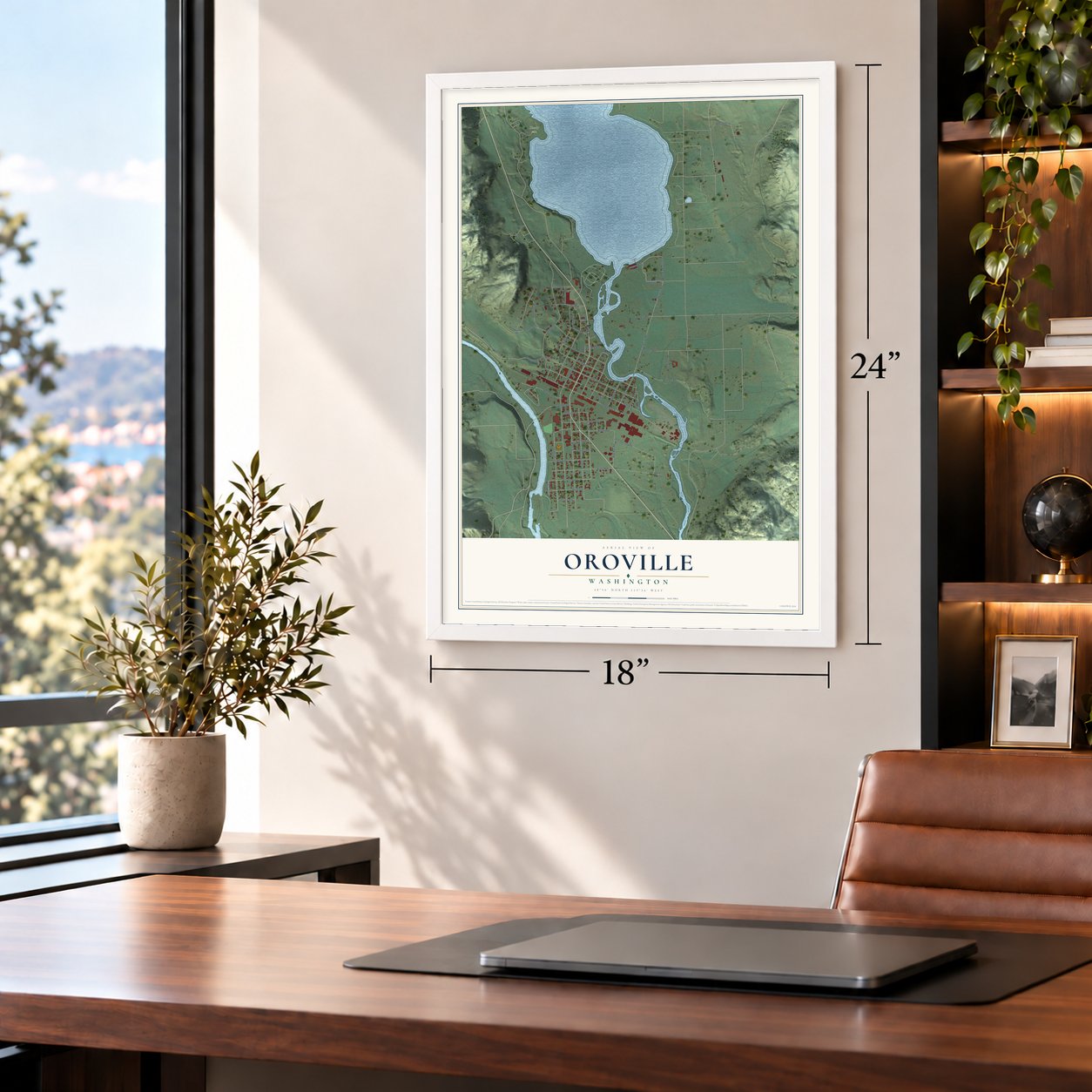 Oroville, Washington map, 18 x 24 inch print in a white frame in a home office
