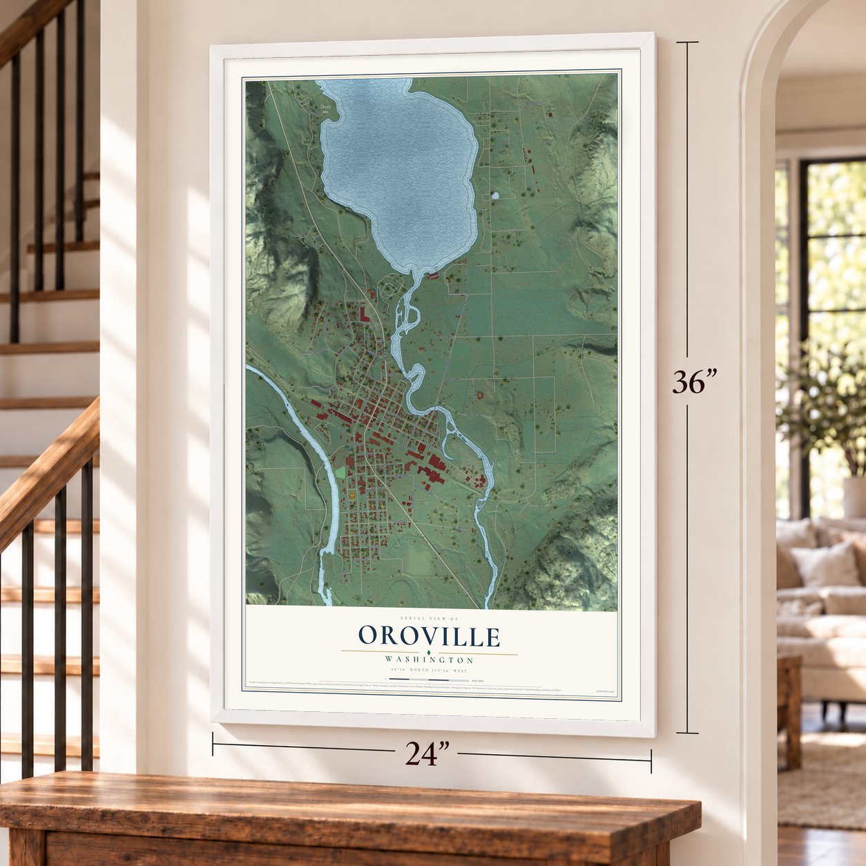 Oroville, Washington map, 24 x 36 inch print in a white frame by a staircase