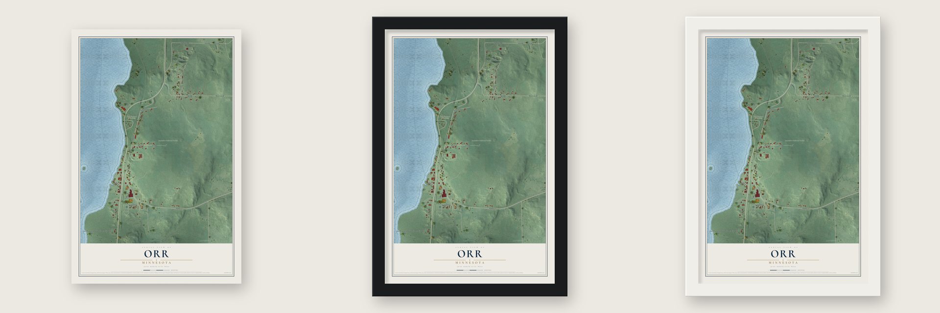 Orr, Minnesota map unframed, in a black wood frame and in a white wood frame