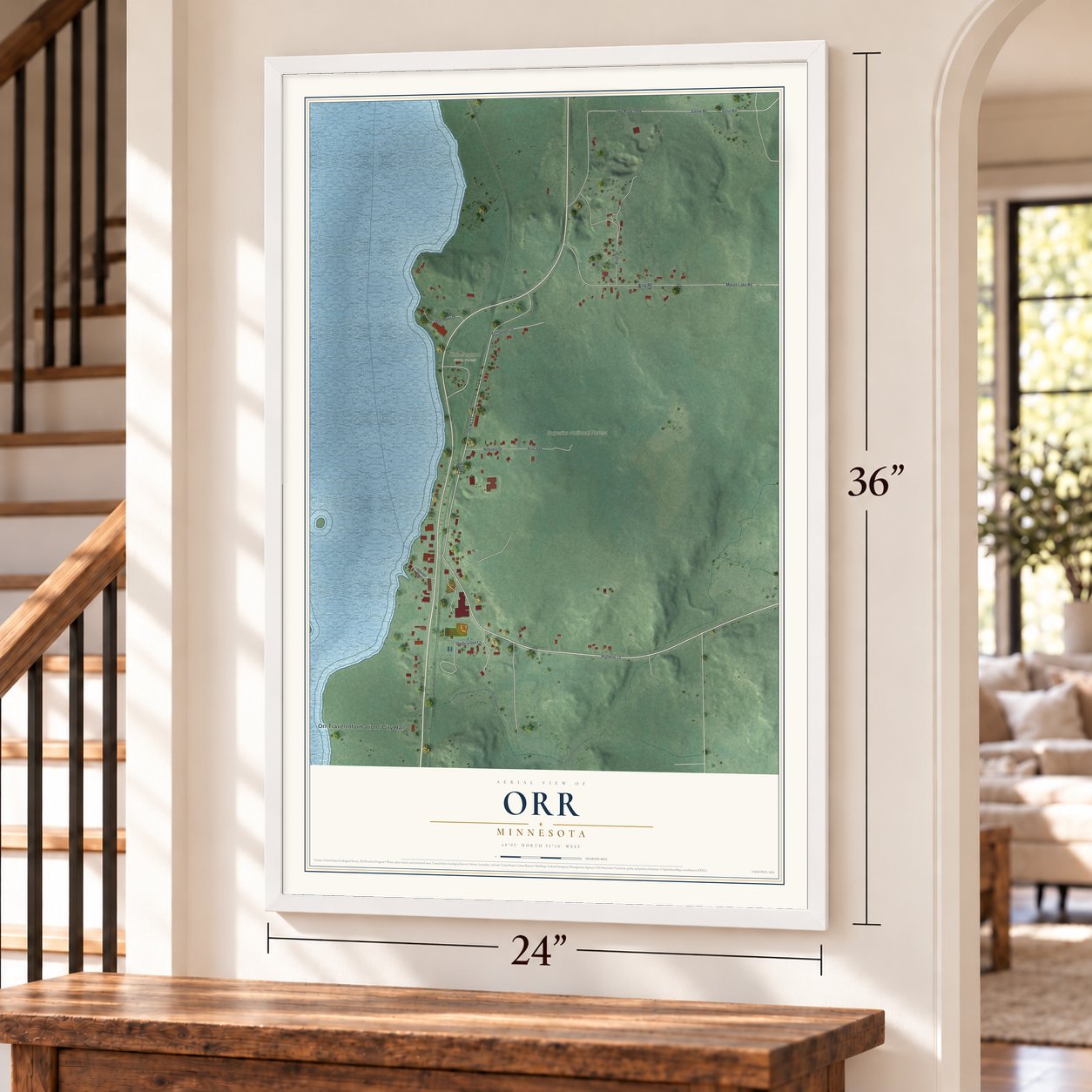 Orr, Minnesota map, 24 x 36 inch print in a white frame by a staircase