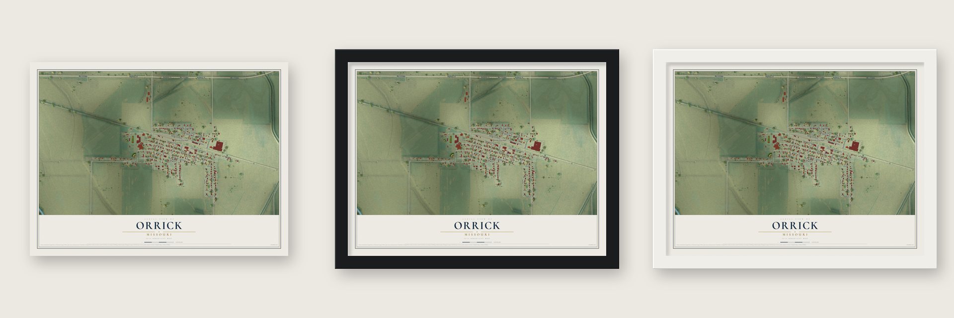 Orrick, Missouri map unframed, in a black wood frame and in a white wood frame