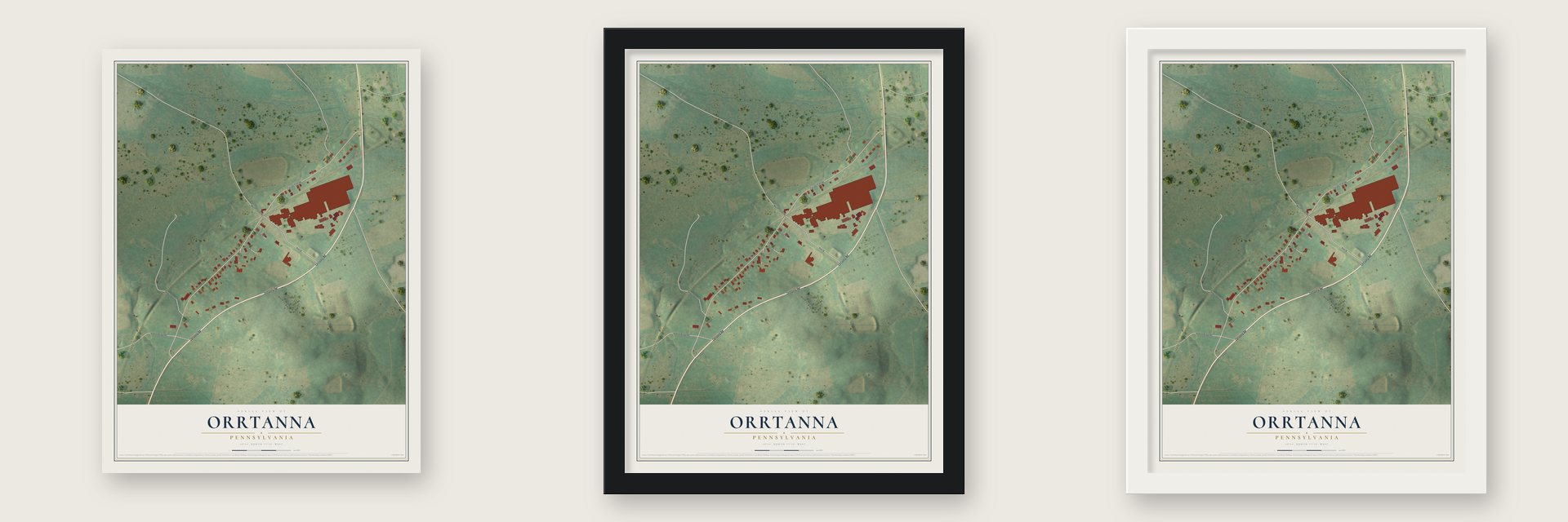 Orrtanna, Pennsylvania map unframed, in a black wood frame and in a white wood frame