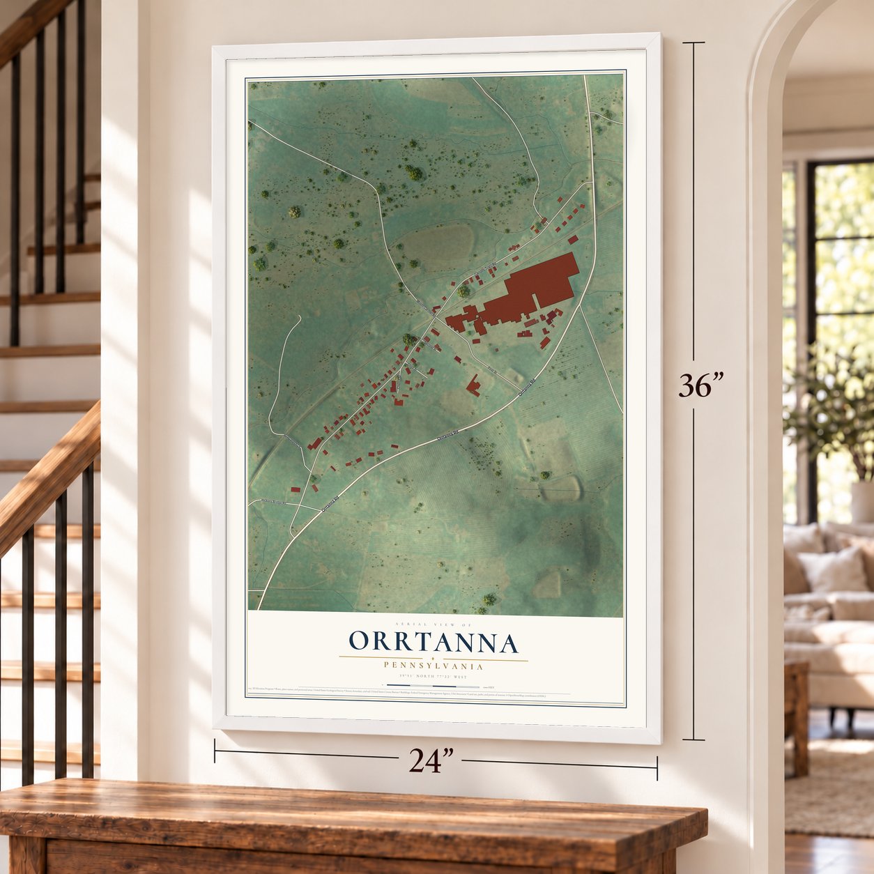 Orrtanna, Pennsylvania map, 24 x 36 inch print in a white frame by a staircase