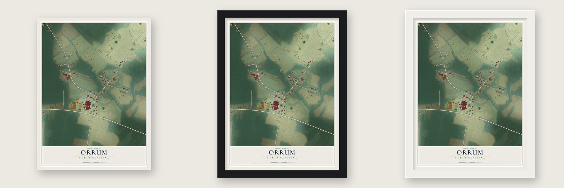 Orrum, North Carolina map unframed, in a black wood frame and in a white wood frame