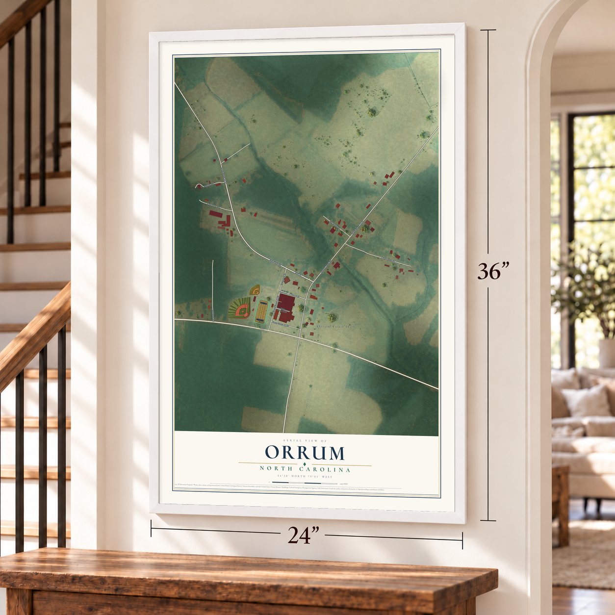 Orrum, North Carolina map, 24 x 36 inch print in a white frame by a staircase