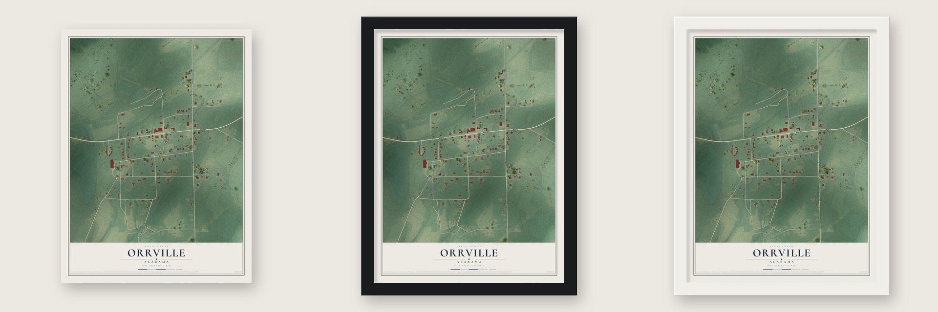 Orrville, Alabama map unframed, in a black wood frame and in a white wood frame