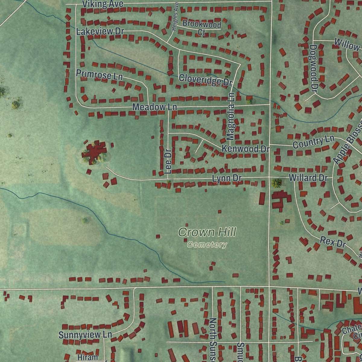 Second close-up of the map of Orrville, Ohio print showing more streets and buildings