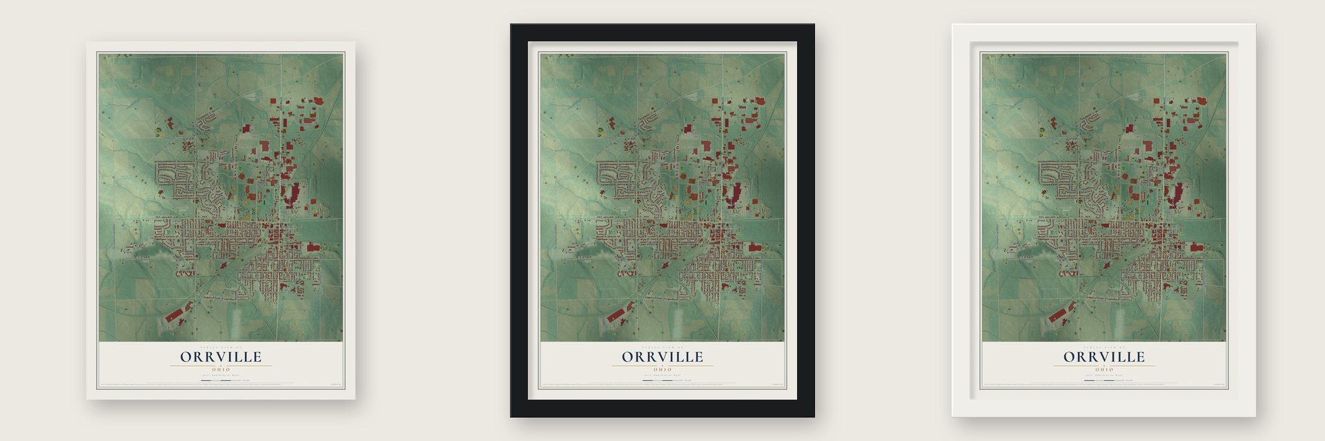 Orrville, Ohio map unframed, in a black wood frame and in a white wood frame
