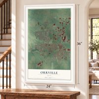 Orrville, Ohio map, 24 x 36 inch print in a white frame by a staircase