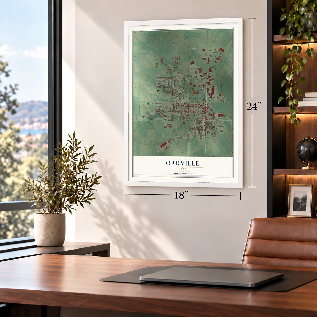 Orrville, Ohio map, 18 x 24 inch print in a white frame in a home office