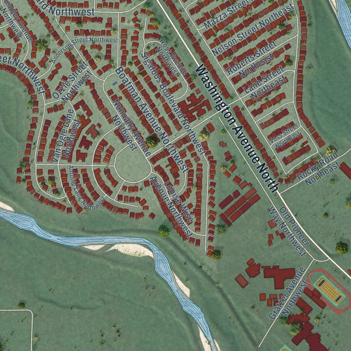 Second close-up of the map of Orting, Washington print showing more streets and buildings