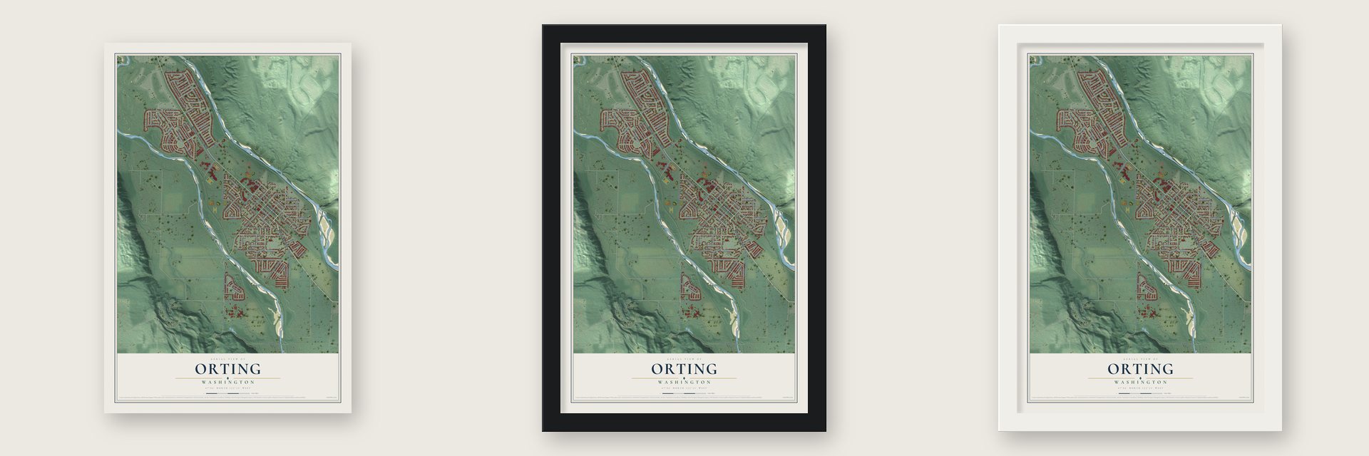 Orting, Washington map unframed, in a black wood frame and in a white wood frame