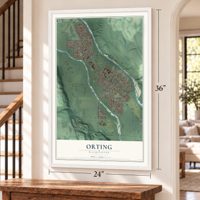 Orting, Washington map, 24 x 36 inch print in a white frame by a staircase