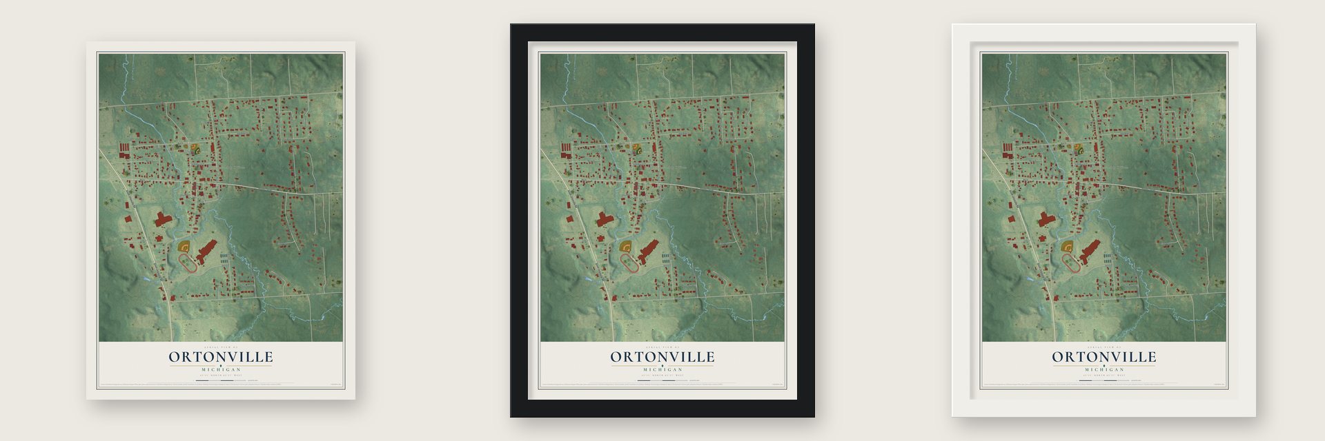 Ortonville, Michigan map unframed, in a black wood frame and in a white wood frame
