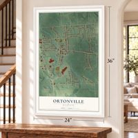 Ortonville, Michigan map, 24 x 36 inch print in a white frame by a staircase
