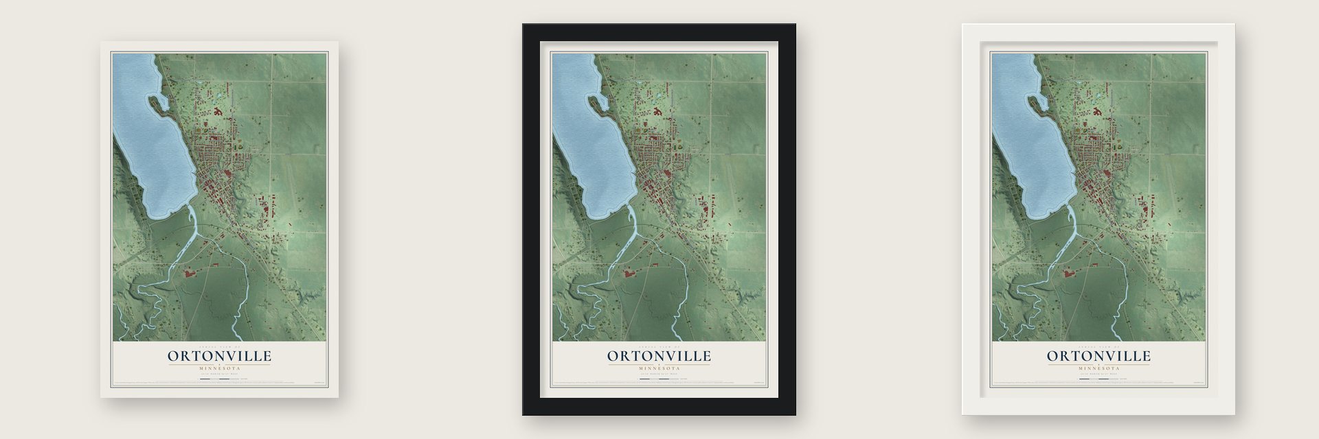 Ortonville, Minnesota map unframed, in a black wood frame and in a white wood frame