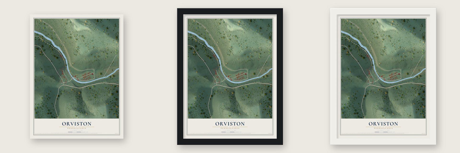 Orviston, Pennsylvania map unframed, in a black wood frame and in a white wood frame