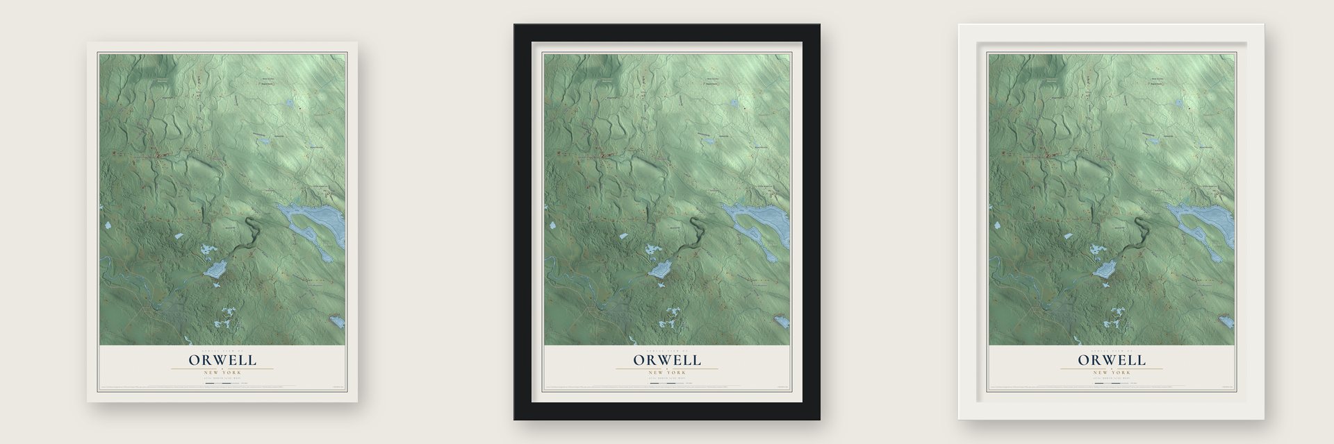 Orwell, New York map unframed, in a black wood frame and in a white wood frame