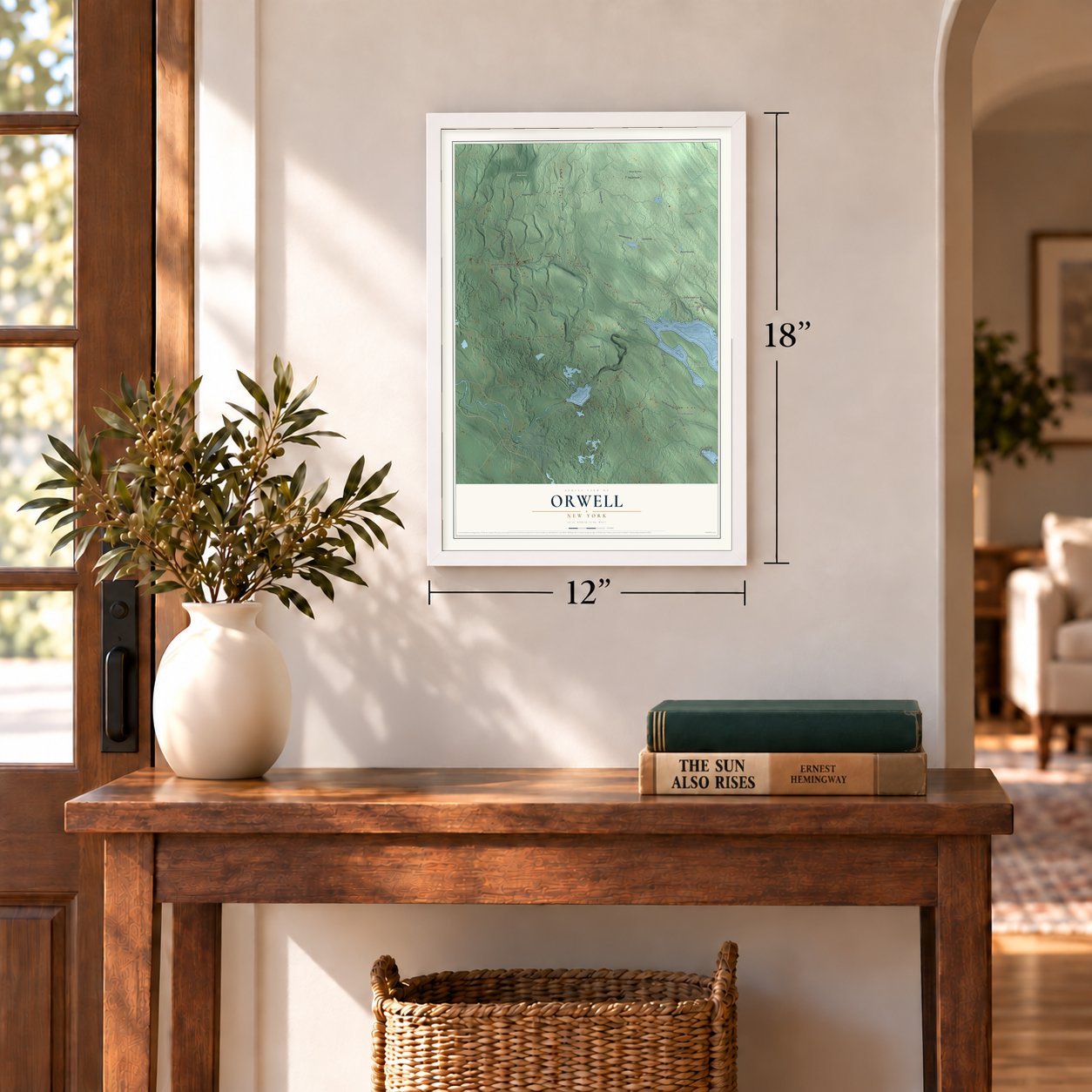 Orwell, New York map, 12 x 18 inch print in a white frame in an entryway
