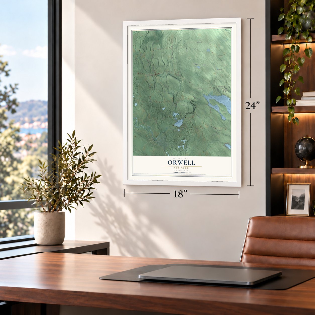 Orwell, New York map, 18 x 24 inch print in a white frame in a home office