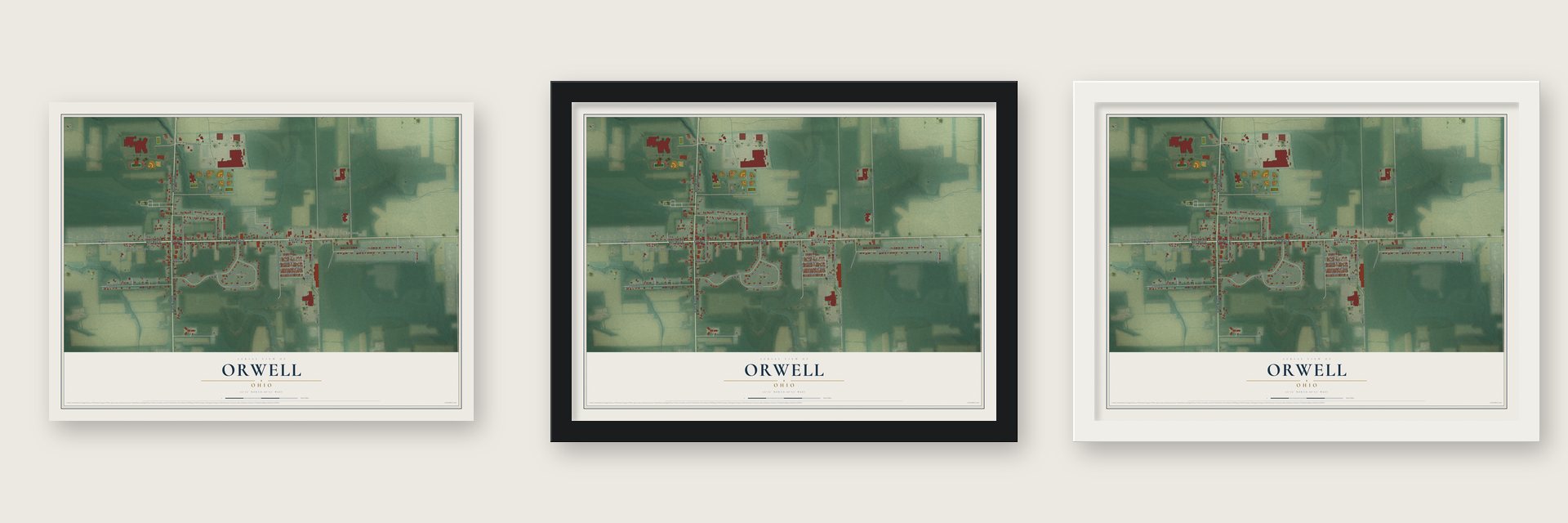 Orwell, Ohio map unframed, in a black wood frame and in a white wood frame