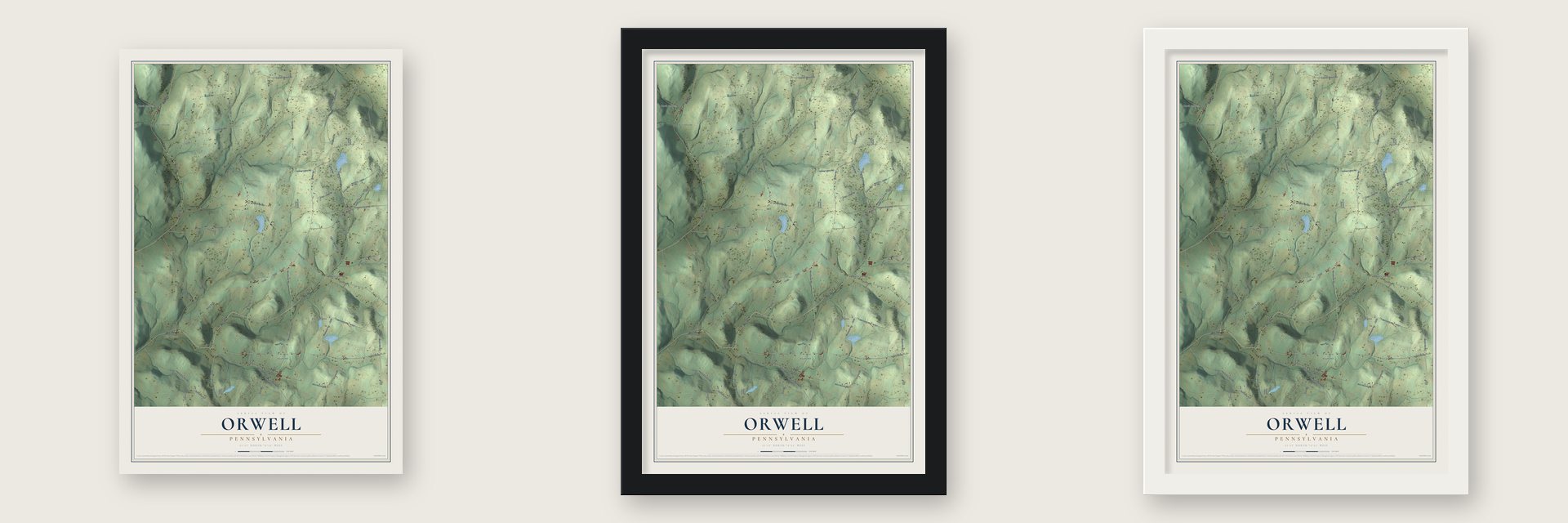 Orwell, Pennsylvania map unframed, in a black wood frame and in a white wood frame